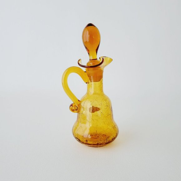 Hand Blown Amber Crackle Glass Cruet by Rainbow, Vintage Yellow Vinegar Bottle - Picture 14 of 14